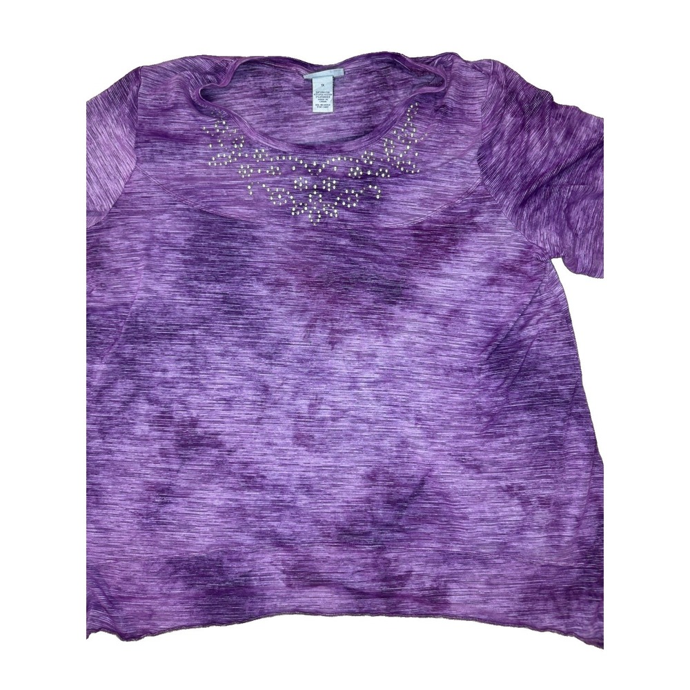 Catherines 1X Purple Heather Rhinestone Embellished Short Sleeve Top Plus Size